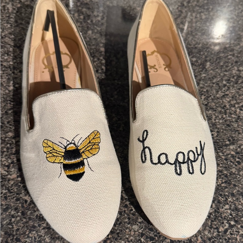 WonderWink Cream and Black Embroidered Slip On Flats